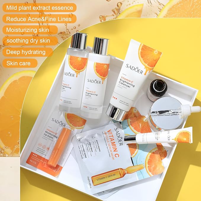 10 Pcs Skin Care Sets Face Care Set for Women Includes 1 Pcs Cleanser, Toner, Lotion, Eye Cream, Serum, Face Cream, Lip Balm and 3 Facial Masks Skincare Gift for Girls (Vitamin C)-GlimoraGlow