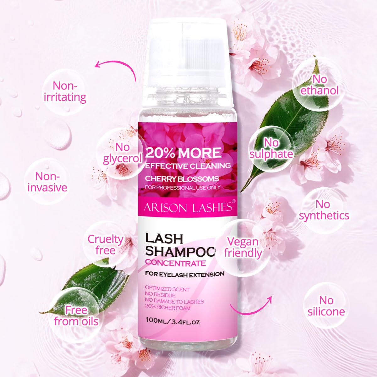 ARISON LASHES Lash Shampoo Concentrate for Lash Extensions 100ML Eyelash Cleanser Concentrate Oil-Free Eyelash Extension Shampoo with Salon Home Care(Cherry Blossom)-GlimoraGlow