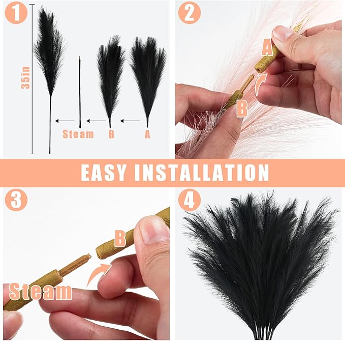 35" Faux Pampas Grass Decor, 8pcs Large Tall Fluffy Artificial Pompous Grass Branches Floral Fake Pompas Grass Bulrush Floor Vase Filler Flower Arrangement for Home Wedding Boho Decor Black