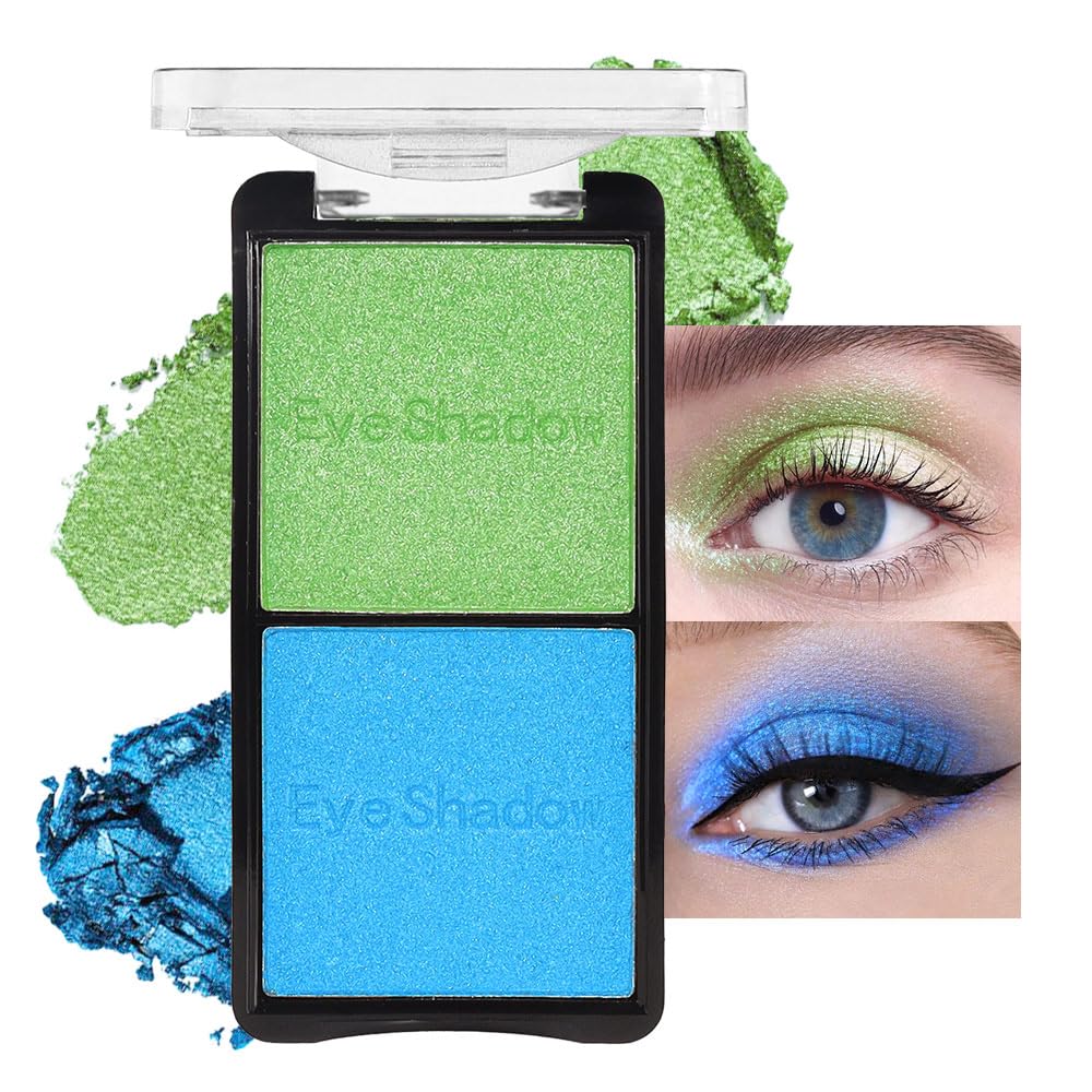 2 colors eye shadow makeup palette, Blue & Green Eyeshadows Halloween Birthday Party Wear, high pigment eye, matte & shimmer metal eye shadow powder, Blendable, Ultra-Pigmented(02)-GlimoraGlow