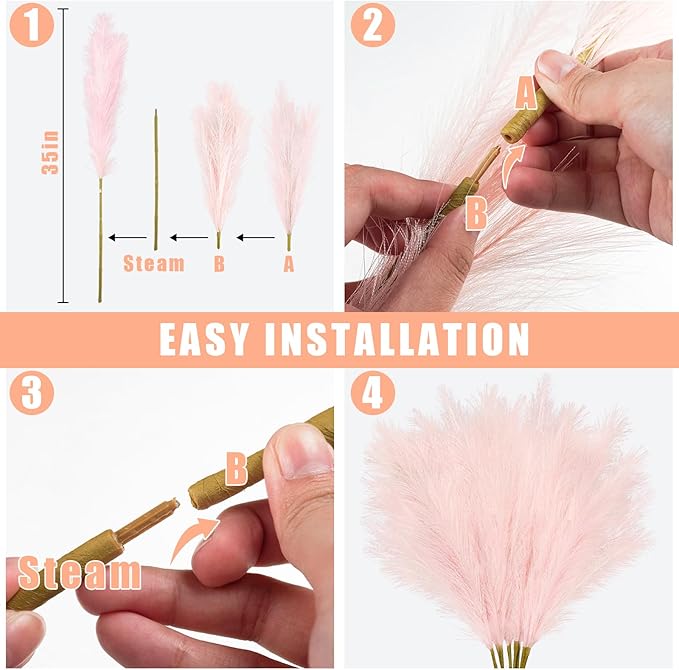 35" Pink Faux Pampas Grass Decor, 8pcs Large Tall Fluffy Artificial Pompous Grass Branches Floral Fake Pompas Grass Bulrush Floor Vase Filler Flower Arrangement for Home Wedding Boho Decor