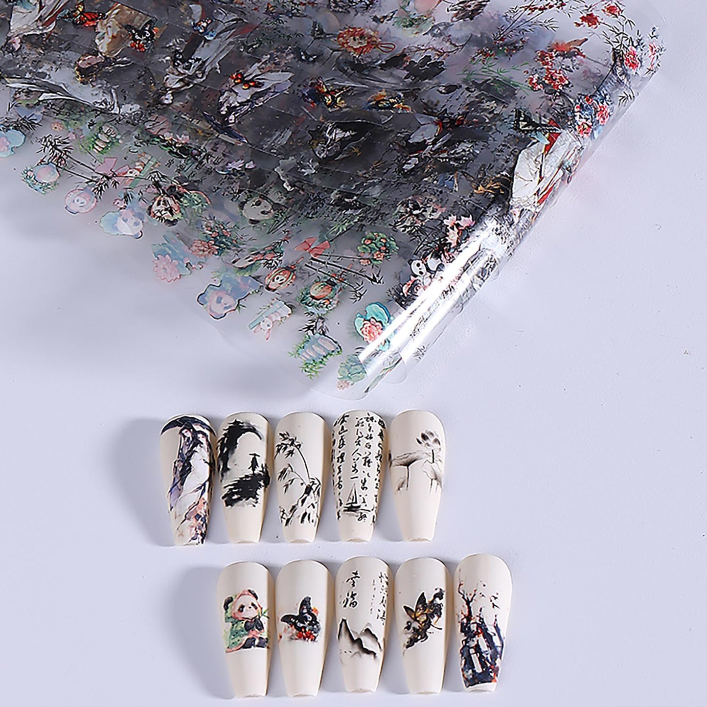 10 Rolls Nail Foils Transfer Nail Art, Chinese Style Nail Foil Transfer Stickers Self Adhesive Nail Art Supplies Decals Cute Panda Manicure Accessories Fall Winter Nail Decorations for Women-GlimoraGlow