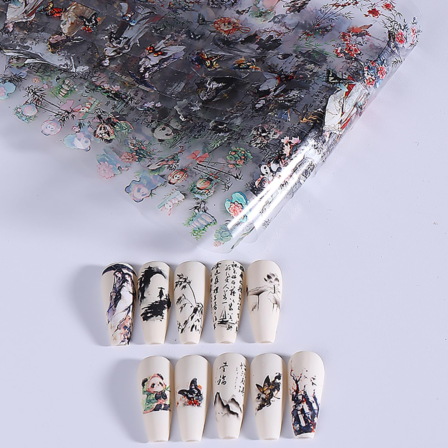 10 Rolls Nail Foils Transfer Nail Art, Chinese Style Nail Foil Transfer Stickers Self Adhesive Nail Art Supplies Decals Cute Panda Manicure Accessories Fall Winter Nail Decorations for Women-GlimoraGlow