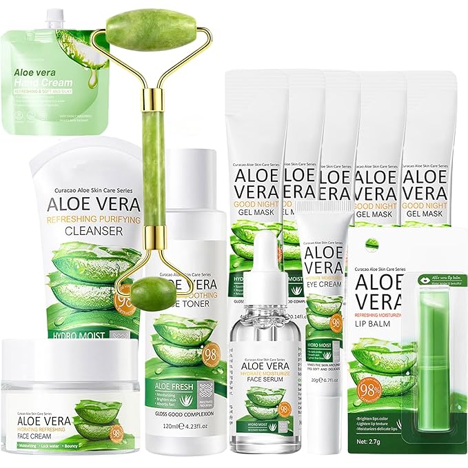 13Pcs Skin Care Products Set, Aloe Vera Skin Care Sets, Skin Care Gift Set for Women Girls, Skincare Routine Set, Face Care Kit for Dry Skin, Hydrating Moisturizer, Cleanser, Face Massage Roller-GlimoraGlow
