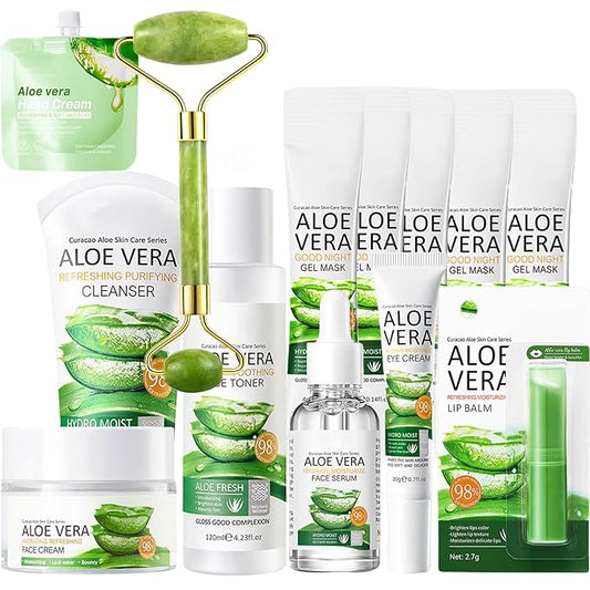 13Pcs Skin Care Products Set, Aloe Vera Skin Care Sets, Skin Care Gift Set for Women Girls, Skincare Routine Set, Face Care Kit for Dry Skin, Hydrating Moisturizer, Cleanser, Face Massage Roller-GlimoraGlow