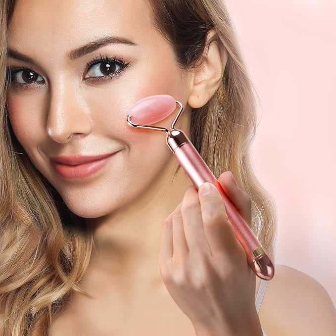 2-IN-1 Electric Jade Roller Massager Facial Roller & Face Massager, Rose Quartz-GlimoraGlow