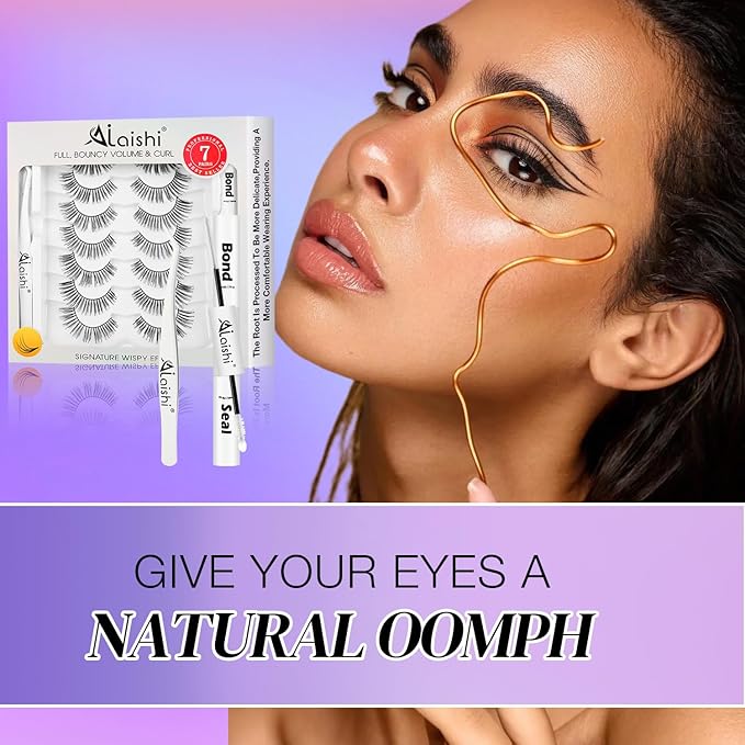 Wispy False Eyelashes Kit With Bond, Seal and Tweezer, 7 Pairs Natural Look Fake Cat Eye Lashes Strips Thin Band Extensions Waterproof Easy Eyelashes for Beginners DF1-GlimoraGlow