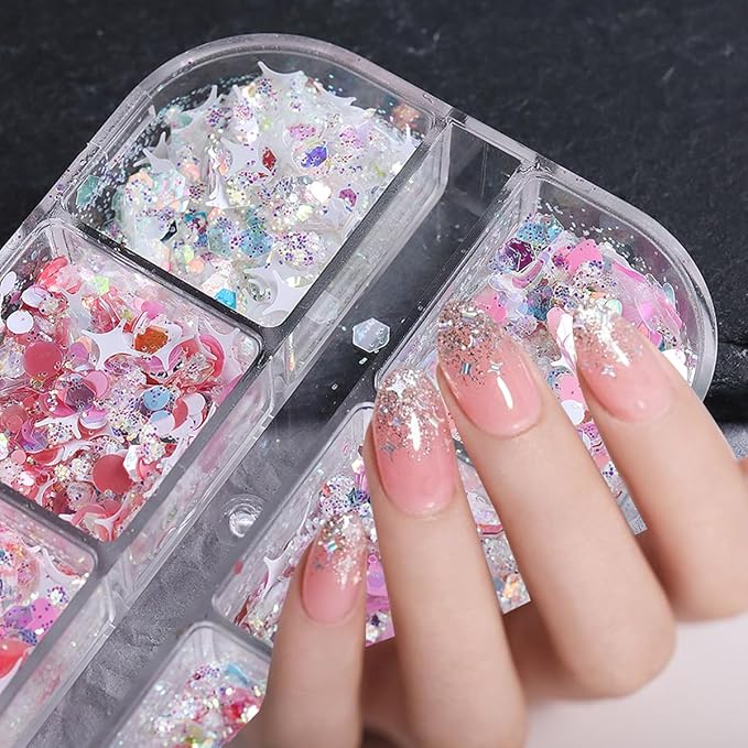 12 Grids Star Nail Art Glitter Sequins Heart Shaped Mermaid Nail Sequins Holographic Mermaid Nail Flakes Sticker Sequin Heart Nail Art Glitter for Women DIY Acrylic Nail Decoration-GlimoraGlow