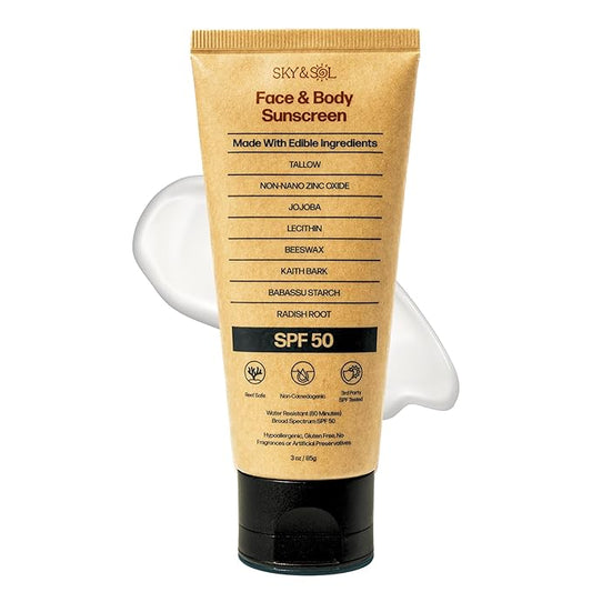 Mineral Sunscreen SPF 50 | With Grass-Fed Tallow & Zinc Oxide | Non-Greasy Formula for Face & Body | Made Without Reef-Harming UV Filters | 3 oz (85 g)-GlimoraGlow