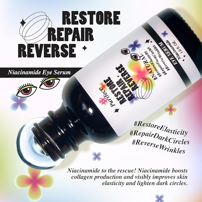Made in USA Natural Peptide Retinol Niacinamide Eye Serum Anti Aging Brightening Firming Under Eye Care Non-greasy Formula - 1oz/30ml (#Purifect RestoreRepairReverse Niacinamide Eye Serum)-GlimoraGlow