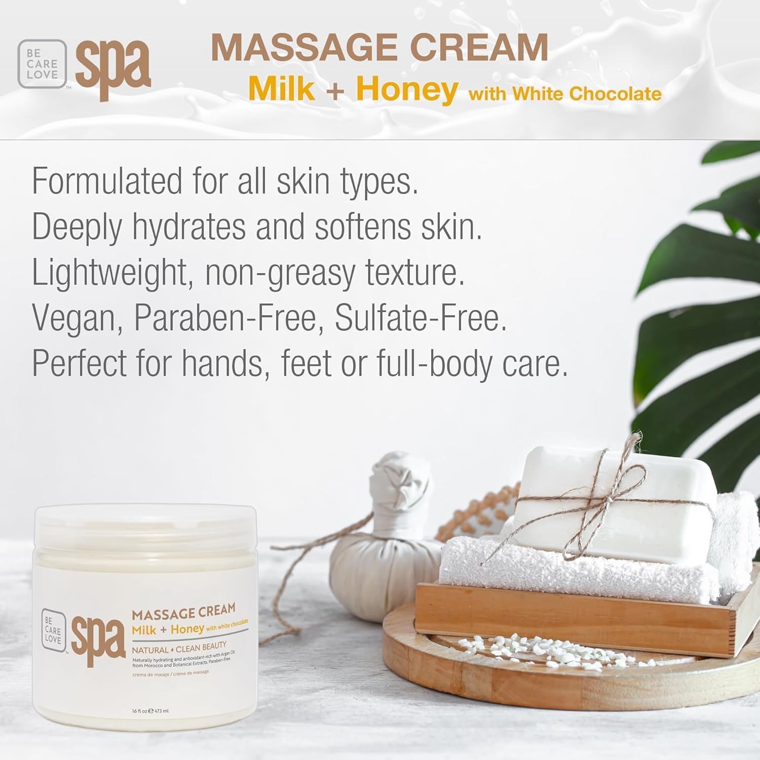 BCL SPA Massage Cream Organic Milk & Honey with White Chocolate Body Lotion, Shea Butter, Aloe Vera, Arnica, Peppermint, Kelp, Tea Tree, Olive, Argan, and Jojoba Oils, Home/Professional Use, 16 fl oz-GlimoraGlow