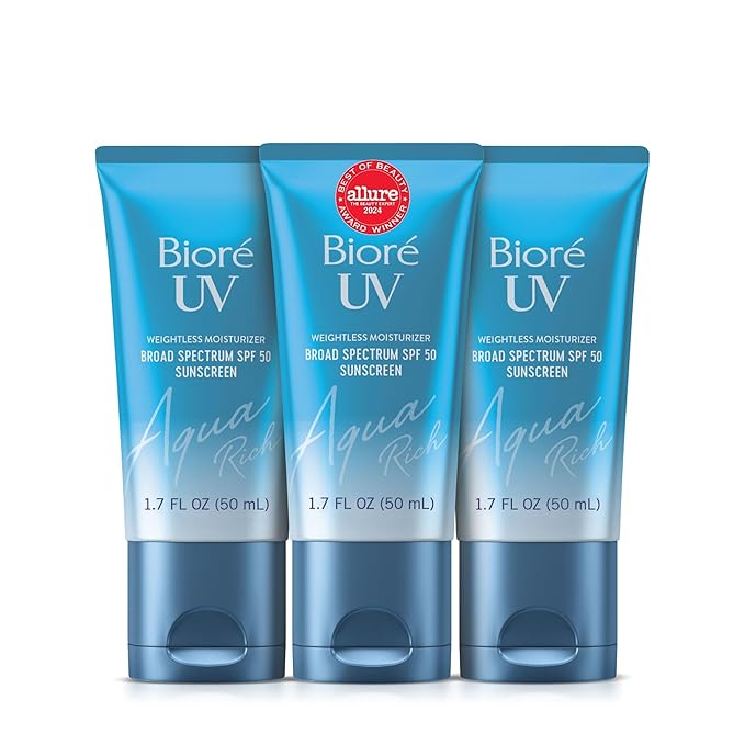 Biore UV Aqua Rich Daily Hydrating Facial Moisturizer with SPF 50 | Oil Free Sunscreen & Primer for Makeup with Hyaluronic Acid, No White Cast, Non-Comedogenic, For Sensitive Skin, 1.7 Oz, 3pck-GlimoraGlow