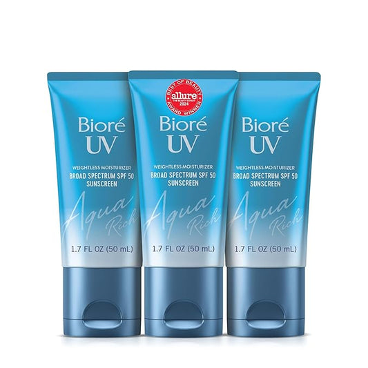 Biore UV Aqua Rich Daily Hydrating Facial Moisturizer with SPF 50 | Oil Free Sunscreen & Primer for Makeup with Hyaluronic Acid, No White Cast, Non-Comedogenic, For Sensitive Skin, 1.7 Oz, 3pck-GlimoraGlow