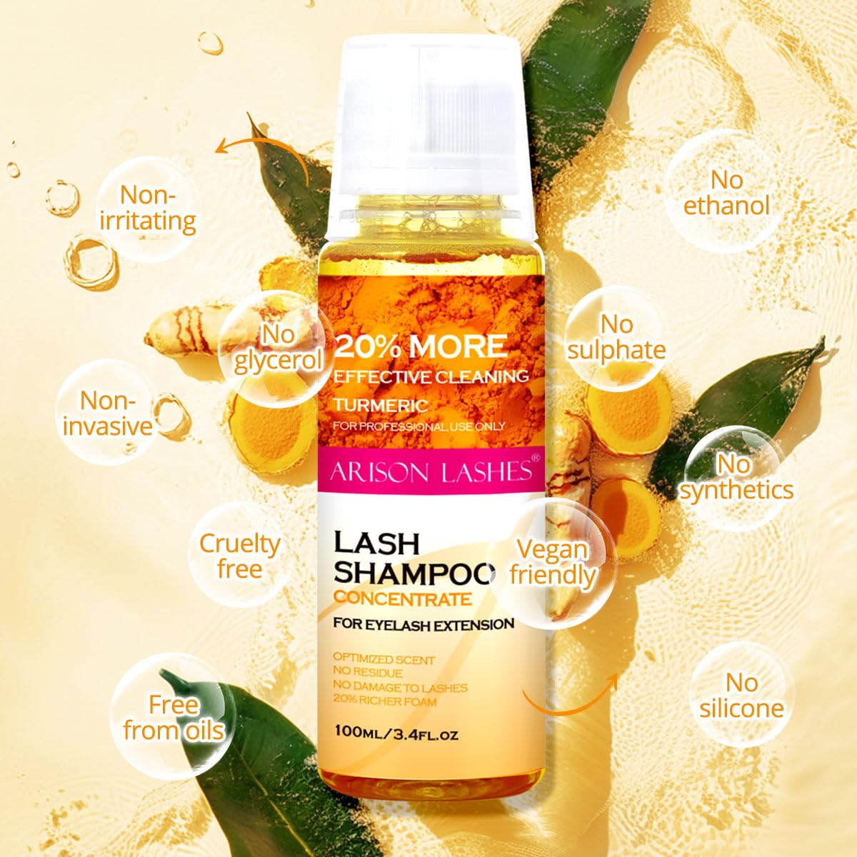 ARISON LASHES Lash Shampoo Concentrate for Lash Extensions 100ML Eyelash Cleanser Concentrate Oil-Free Eyelash Extension Shampoo with Salon Home Care(Turmeric)-GlimoraGlow