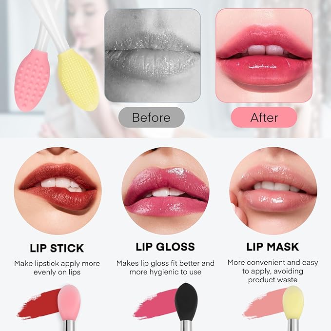 Unaone Lip Scrub Brush - 3 PCS Dual-ended Lip Scrubber Exfoliator and Silicone Lip Brush, 2-in-1 Silicone Lip Scrub Tool Lip Mask Applicator, Gentle Exfoliator & Applicator for Soft-GlimoraGlow