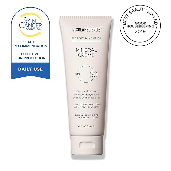 MDSolarSciences Mineral Crème Sunscreen SPF 50 | Water-Resistant, Broad Spectrum UV Protection | Zinc Oxide Formula with Antioxidants | No White Cast, Sheer Matte Finish for All Skin Types (3.4 Fl Oz)-GlimoraGlow