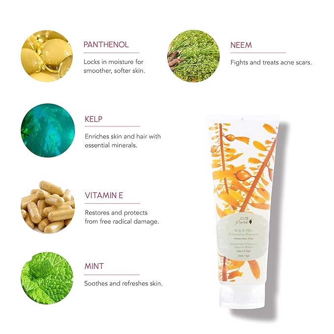 100% PURE Kelp & Mint Volumizing Shampoo Purifying Hydration & Deep Detox - Botanical Body Boost for Dry, Damaged Thinning Hair, Promotes Healthy Growth for Women & Men - Sulfate Free - 8 Fl Oz-GlimoraGlow