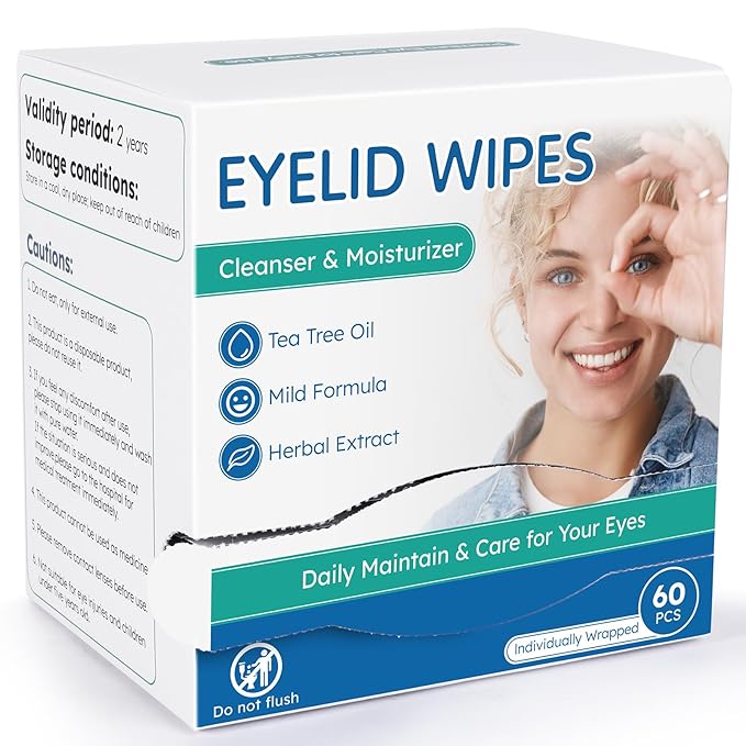 60-Count Eyelid Cleansing Wipes for Dry Eye & Blepharitis, tea tree oil Pre-Moistened Hypoallergenic EyeWipes for Sensitive Itchy Eyes, Individually Wrapped Eyelid Wipes Travel Essentials-GlimoraGlow