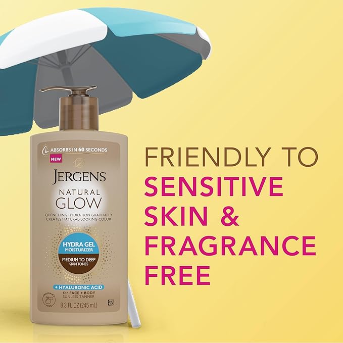 Jergens Natural Glow Hydra Gel Moisturizer, Gradual Tanning Lotion with Hyaluronic Acid, Hydrating Tanning Gel, Fragrance-Free Self Tanner, Medium to Deep Skin Tones 8.3 Fl Oz-GlimoraGlow