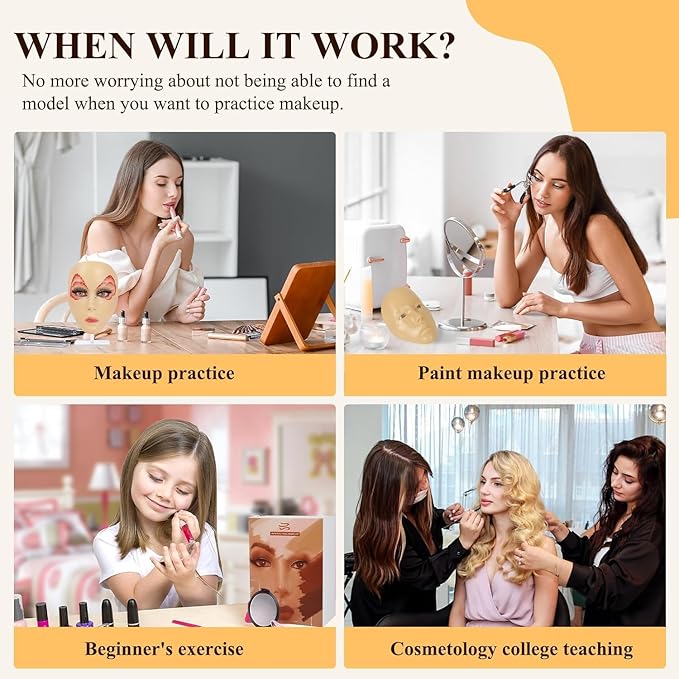 Makeup Practice Face, Eye Makeup Practice Head Silicone, Makeup Practice Accessories Set with Face Painting Mannequin Head, Makeup Brushes, Face Painting and Eyebrow Pen, Makeup Practice Gift, Yellow-GlimoraGlow