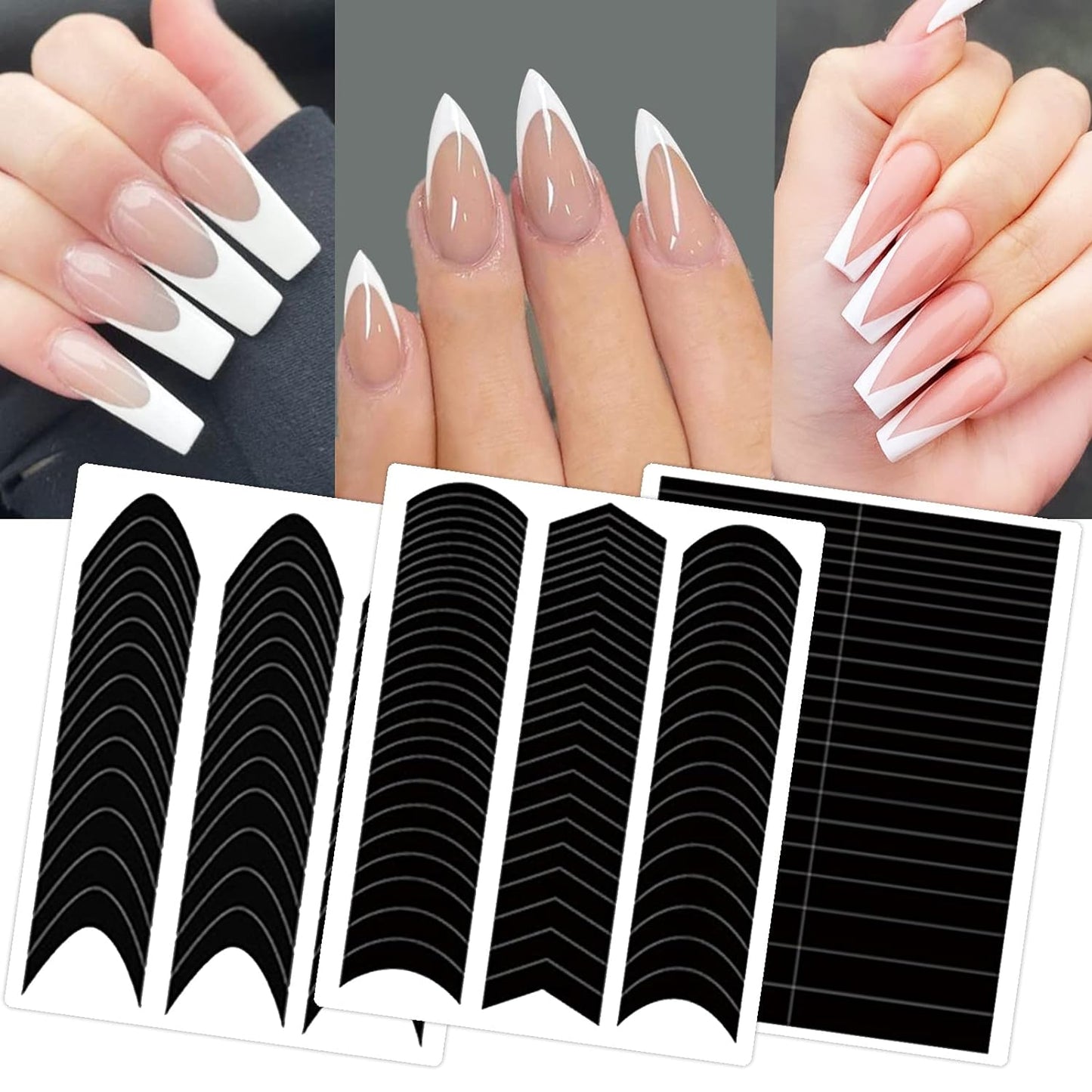1860 Pcs French Tip Nail Guides, Self-Adhesive French V-Shaped Moon Shaped Manicure Strip Stickers for Edge Auxiliary Black DIY Decoration Stencil Tools(5 Designs, 36 Sheets)-GlimoraGlow