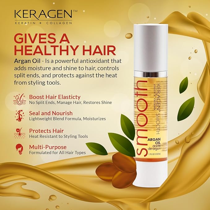 KERAGEN - Nourishing Hair Serum for Dry Damaged Hair - Argan Oil for Hair Treatment - Brilliant Shine, Heat Protection with Paraben, Phthalate and Sulfate Free Formula (1.7 Oz)-GlimoraGlow