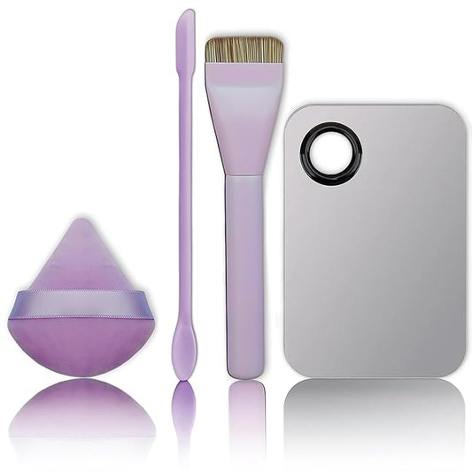 Makeup Brush Set - Flat Foundation Brush, Blender Sponge, Face Spatula, Puff & Heart-Shaped Mixing Palette with Leather Case – Complete Face Makeup Tool Kit for Blending, Foundation & Application-GlimoraGlow