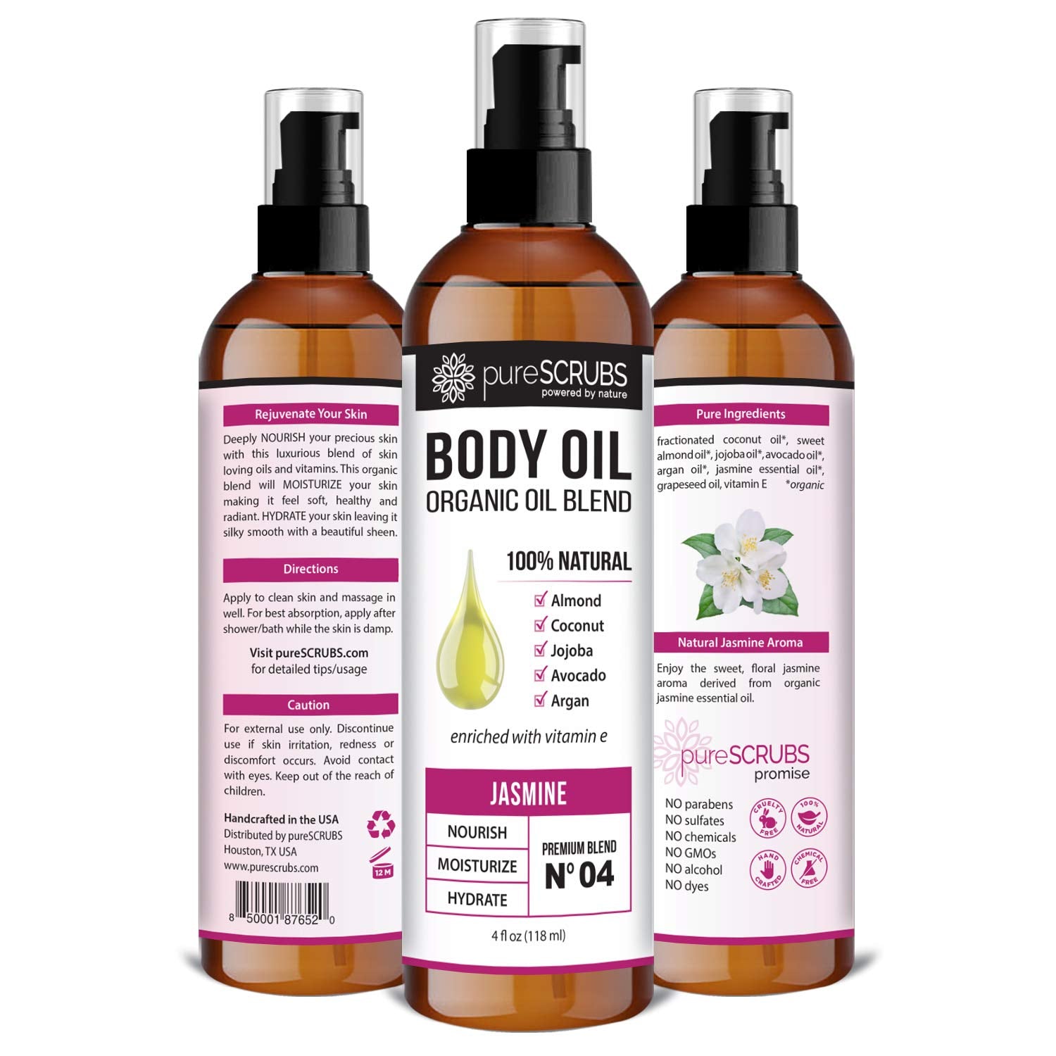 pureSCRUBS Ultra Moisturizing Jasmine Body Oil Spray for Dry Skin, Massage, Cuticles & More - Organic Super Blend of Jojoba, Argan, Coconut, Sweet Almond & Avocado Enriched with Vitamin E, Lg 4oz-GlimoraGlow