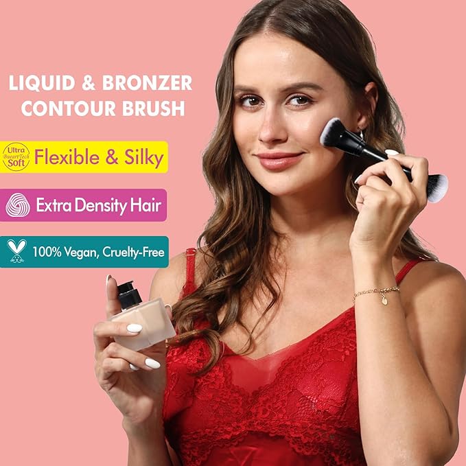 Bueart Design Complexion Duo Brush and Liquid & Bronzer Contour Makeup brushes set with ultra-soft dense hair Double-ended for Foundation Liquid Cream Concealer,Vegan and Cruelty-Free,M18-GlimoraGlow