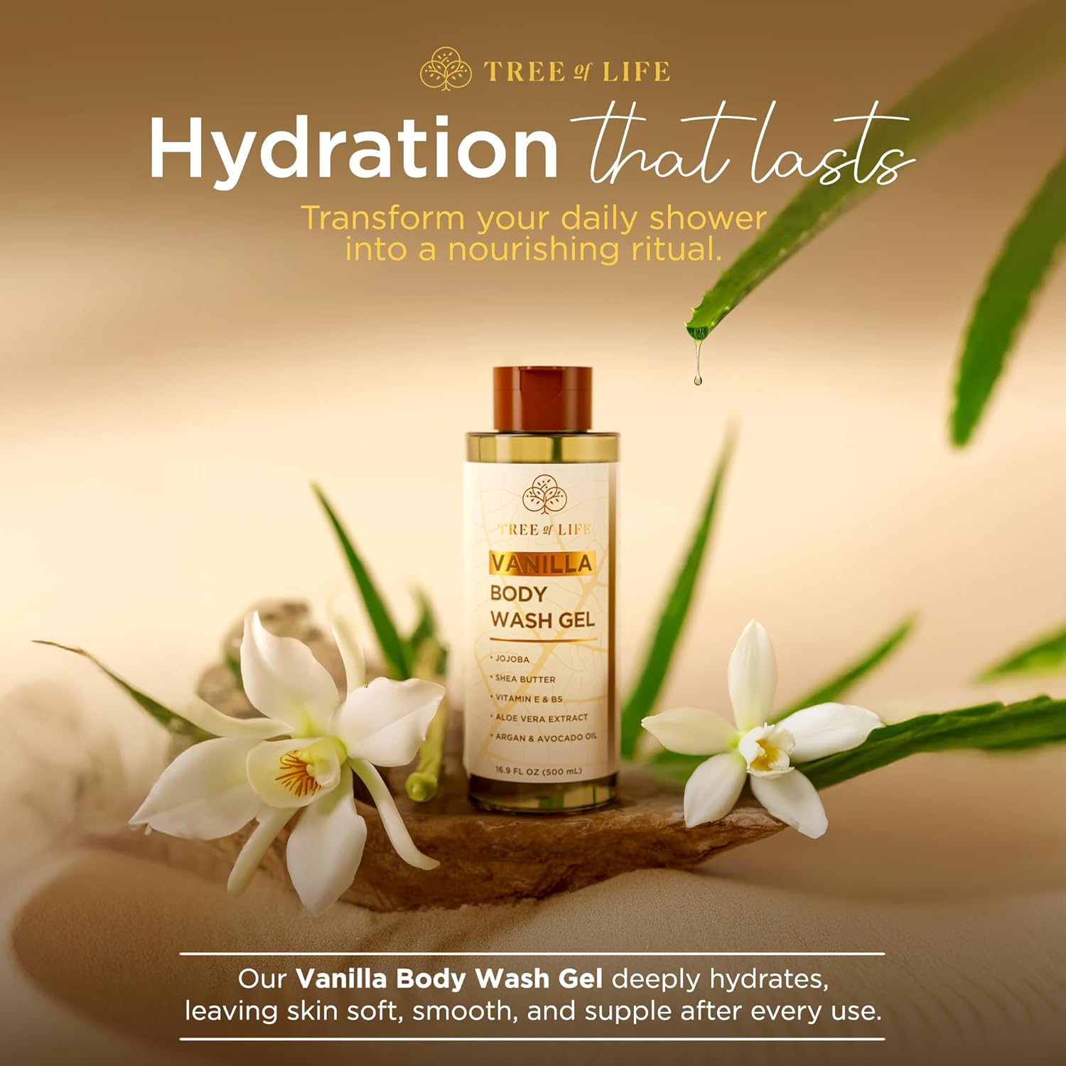 Tree of Life Vanilla Body Wash Gel - Moisturizing Shower Gel with Jojoba Oil and Shea Butter Hydrating Body Wash for Sensitive Skin and All Skin Types, 16.9 fl oz-GlimoraGlow