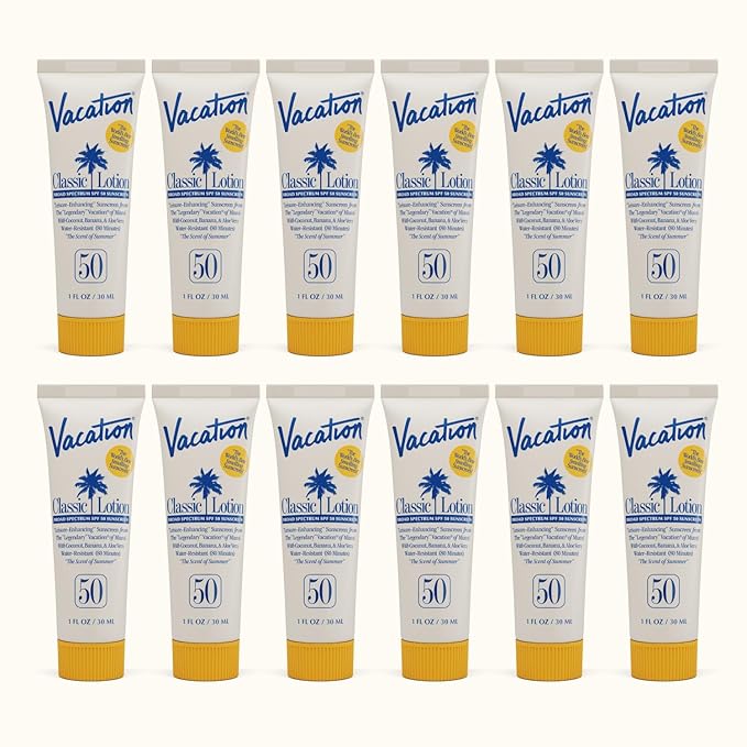 Vacation Mini Classic Lotion SPF 50, Water-Resistant, Mini Sunscreen Bulk Party Favor, Beach Must Haves, Traveling Essentials, Suntan Lotion Travel Size, 1 Fl. Oz. (Value Pack of 12)-GlimoraGlow
