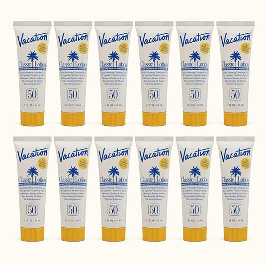 Vacation Mini Classic Lotion SPF 50, Water-Resistant, Mini Sunscreen Bulk Party Favor, Beach Must Haves, Traveling Essentials, Suntan Lotion Travel Size, 1 Fl. Oz. (Value Pack of 12)-GlimoraGlow
