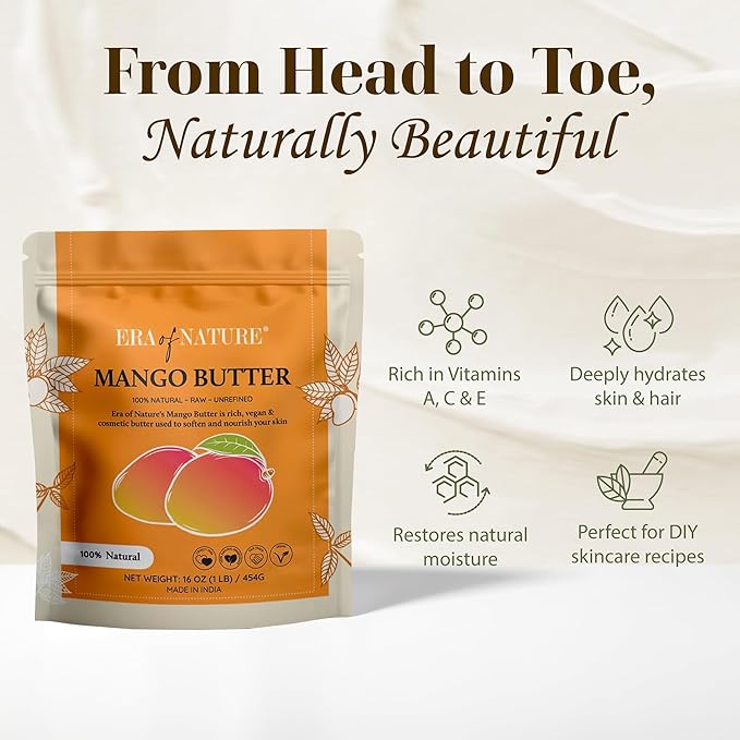 era of nature Organic Unrefined Raw Mango Body Butter Block 16oz - Moisturizing Mango Seed Raw Butter Bar for Skin & Hair, DIY Lip Balm Base, Cream, Soap & Lotion Making Supplies, Personal Skincare-GlimoraGlow