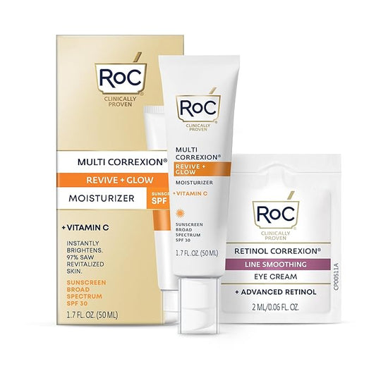 RoC Multi Correxion Revive + Glow Vitamin C Sunscreen Broad Spectrum SPF 30 Face Moisturizer (1.7 oz) with Retinol Eye Cream Packette-GlimoraGlow