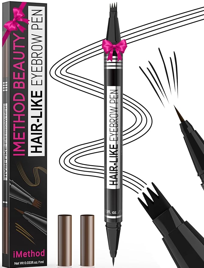 iMethod Microblading Eyebrow Pen - Eyebrow Pencil Magical 2-in-1 Dual-Ended Eye Brow Pencils for Women with 4-Fork-Tip & Ultra Precise Brush-Tip Create Natural Hair-Like Brows, Last All-Day, Black-GlimoraGlow