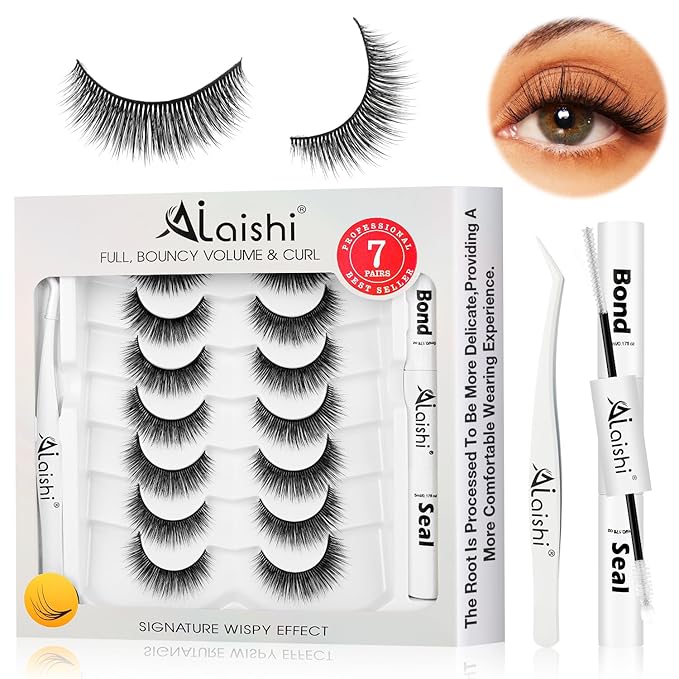 Wispy False Eyelashes Kit With Bond, Seal and Tweezer, 7 Pairs Natural Look Fake Cat Eye Lashes Strips Thin Band Extensions Waterproof Easy Eyelashes for Beginners RQ11-GlimoraGlow