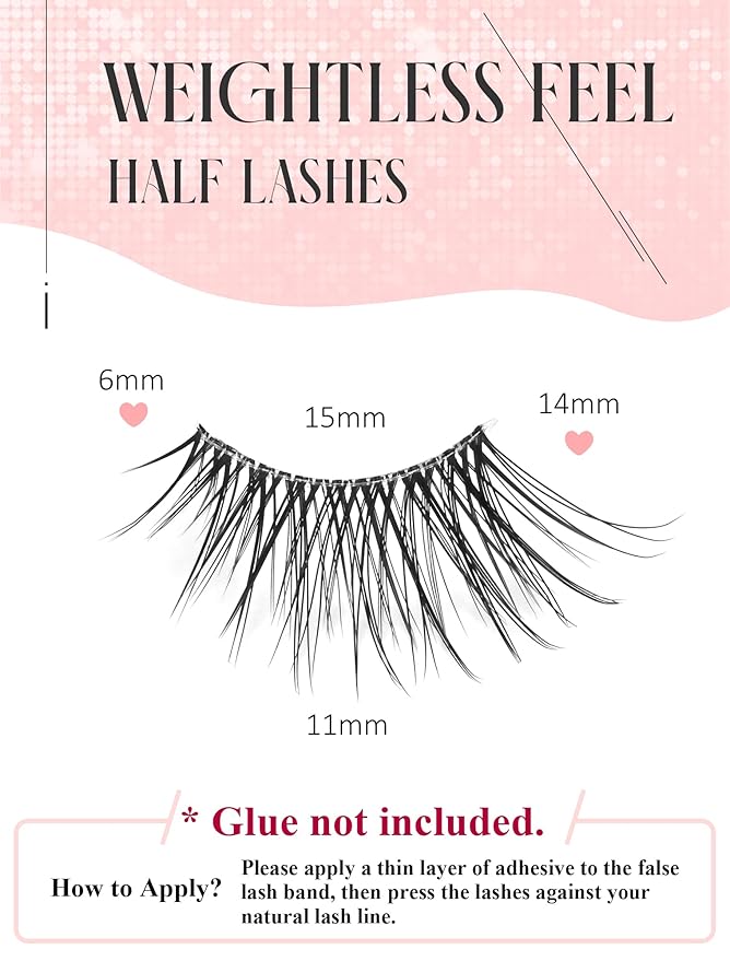 Half Lashes Natural Wispy Corner 3/4 False Eyelashes Clear Band Lashes W02-GlimoraGlow
