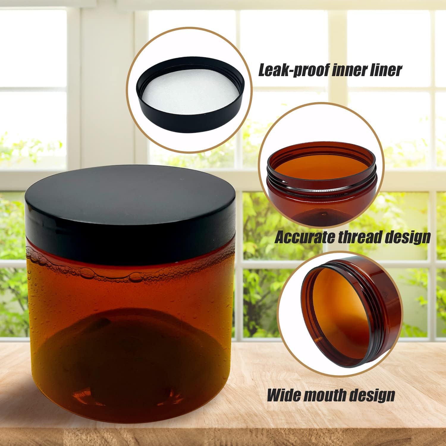 12 oz Amber Plastic Cosmetic Jars Leak Proof Container with Black Lid for Cream, Lotion, Powder, ointment, Beauty Products etc, 6 Pcs.-GlimoraGlow