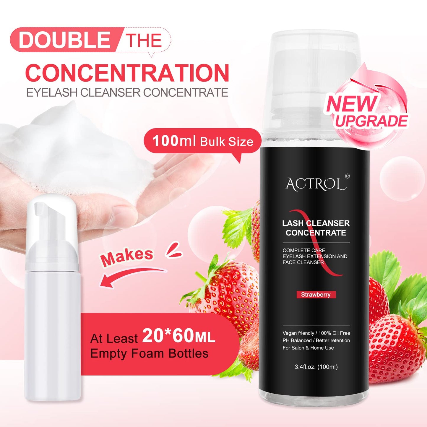 Eyelash Cleanser Concentrate 100ml Strawberry Professional Lash Shampoo Foaming Cleanser Paraben & Sulfate Free Non-lrritating Wash for Extensions Lashes Care-Makes 20 Bottles-GlimoraGlow
