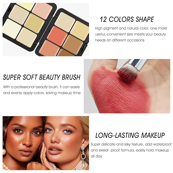 12 Colors Cream [Blush+Contour+Concealer+Highlighter] Makeup Palette for Cheeks - Multi-functional Makeup Palette with Brush, Natural Matte Long Wearing, Waterproof Face Makeup Palette (#04)-GlimoraGlow