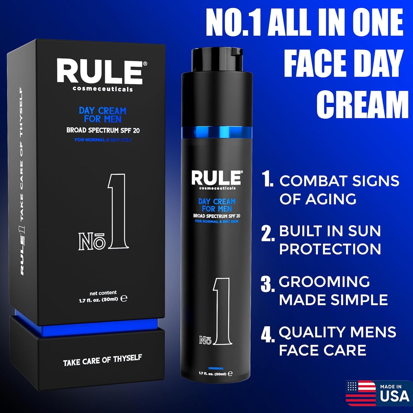 No.1 Day Cream for Men, 10-in-1 Anti-Aging Face Moisturizer to Reduce Wrinkles & Dryness, SPF 20, Collagen, Vitamins B, C & E - Normal & Dry Skin - Original, 50 mL-GlimoraGlow