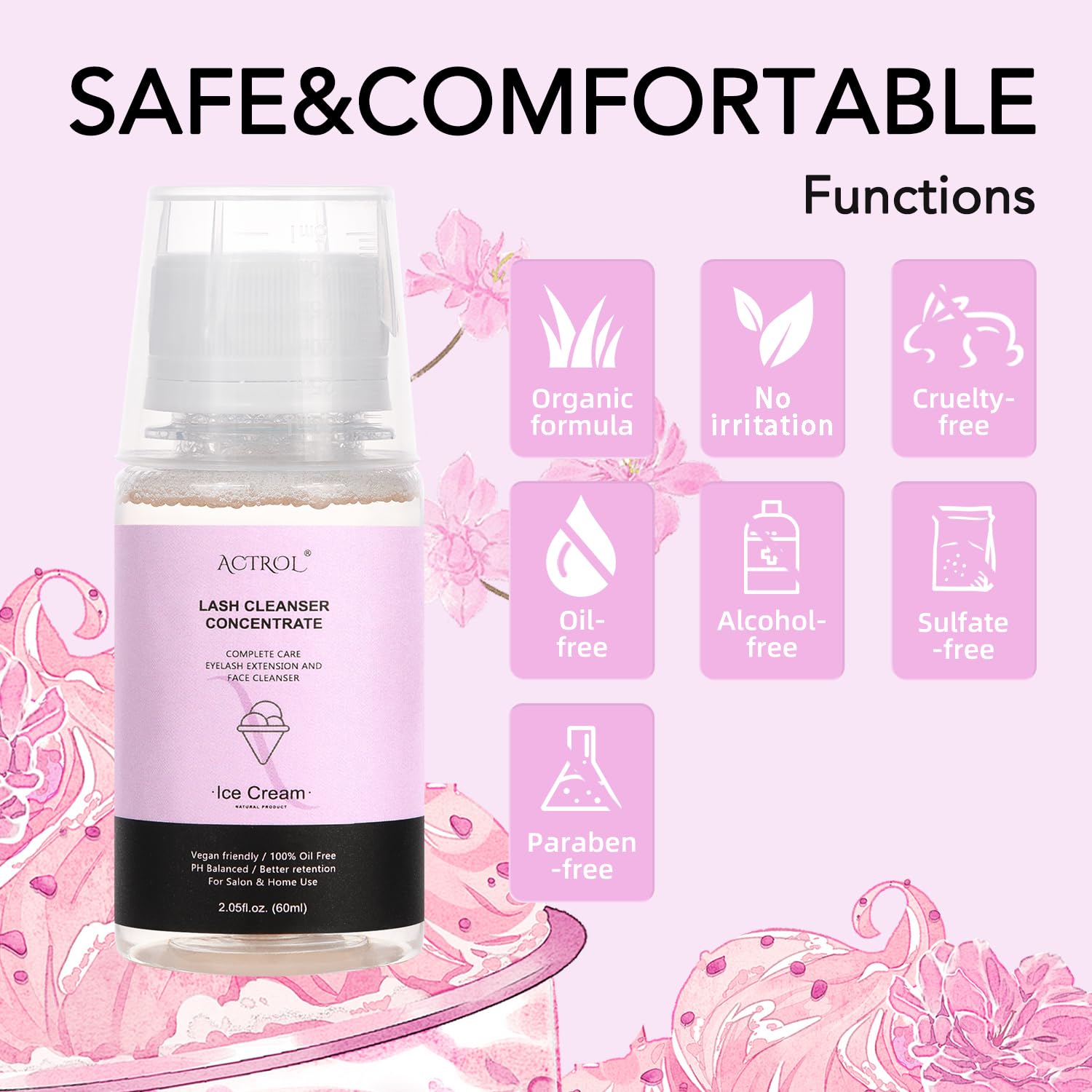 Eyelash Cleanser Concentrate 60ml Ice Cream Professional Lash Shampoo Foaming Cleanser DIY Paraben & Sulfate Free Non-lrritating Wash for Extensions Lashes with Salon Home Care-Makes 6 Bottles-GlimoraGlow