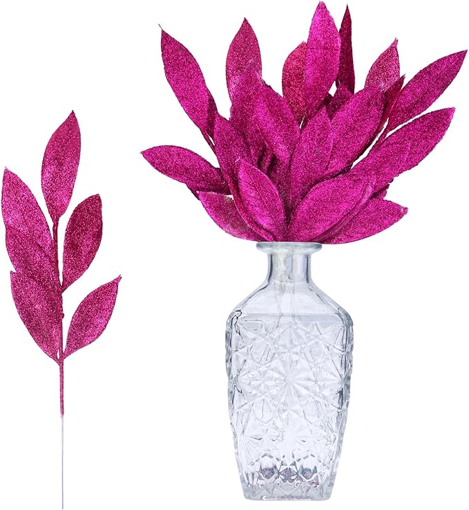 GREENTIME 12 Pack Artificial Rose Red Glitter Leaves 13" Fake Christmas Picks Decorative Glitter Sticks for Vase Christmas Tree DIY Wreath Crafts Fireplace Decor