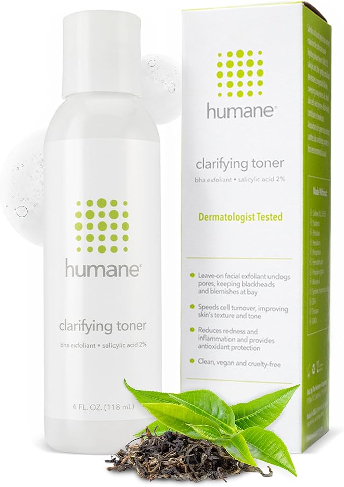 Humane Clarifying Toner for Face - 2% BHA Liquid Salicylic Acid - Pore Minimizer and Face Exfoliator - Gentle for All Skin Types - Removes Excess Oil, Dead Skin Cells, and Grime - 4 Ounce-GlimoraGlow