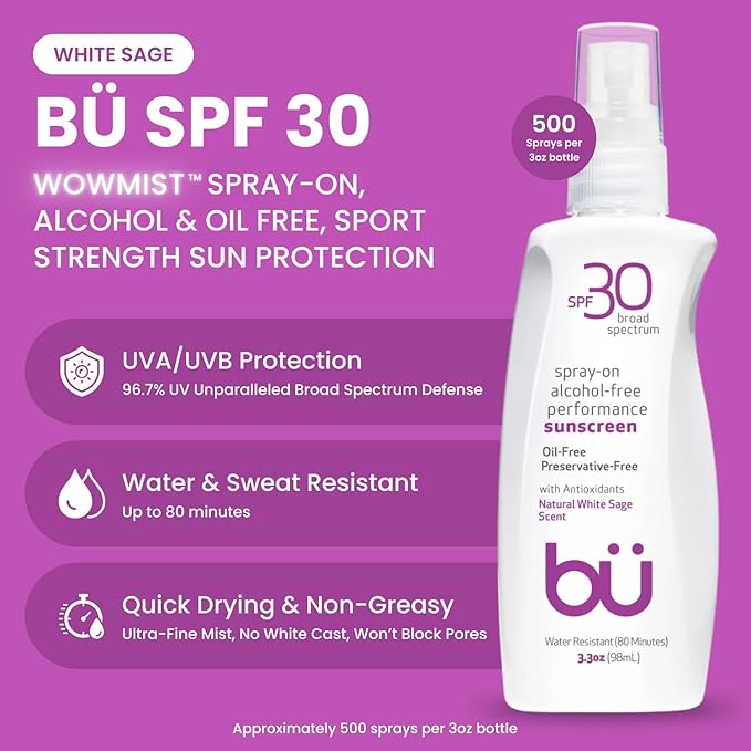 BU SPF 30 Sunscreen Spray for Face and Body, Non Aerosol Spray, Ultrafine WOWmist, TSA Travel Size Sunscreen, Clear, Non Greasy, Water Resistant, White Sage 3.3 oz-GlimoraGlow