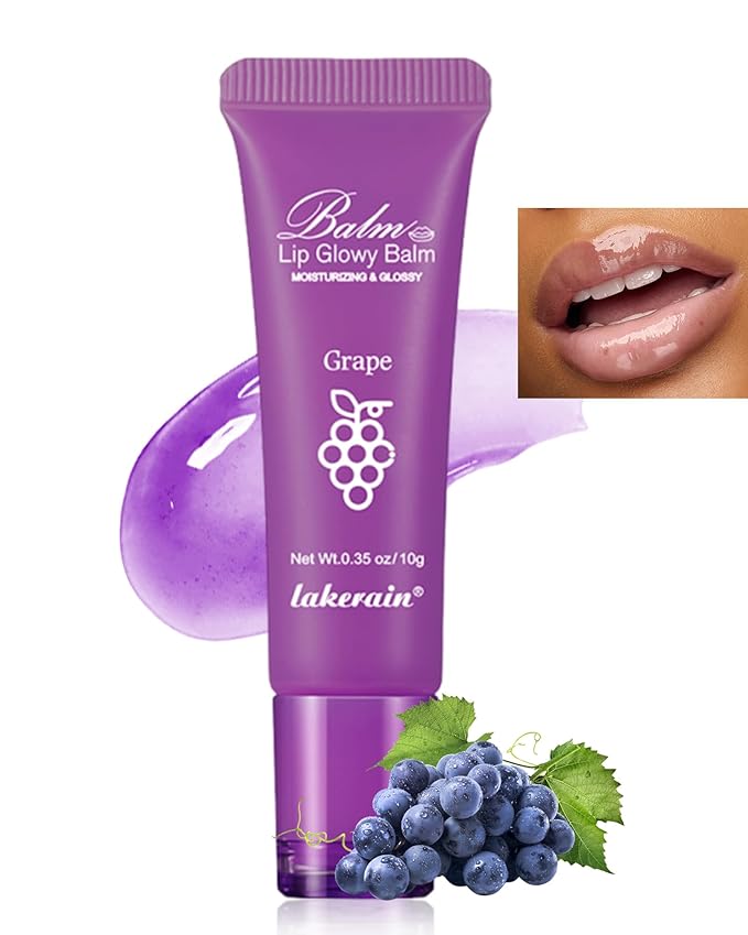 Hydrating Lip Glowy Balm, Ultra-Nourishing Lip Balm for Dry Cracked Lips, Moisturizer Lip Repair Sleeping Lip Mask, Day and Night Lip Care Therapy Treatment,Glossy Smooth Lip Butter Balm-04#Grape-GlimoraGlow
