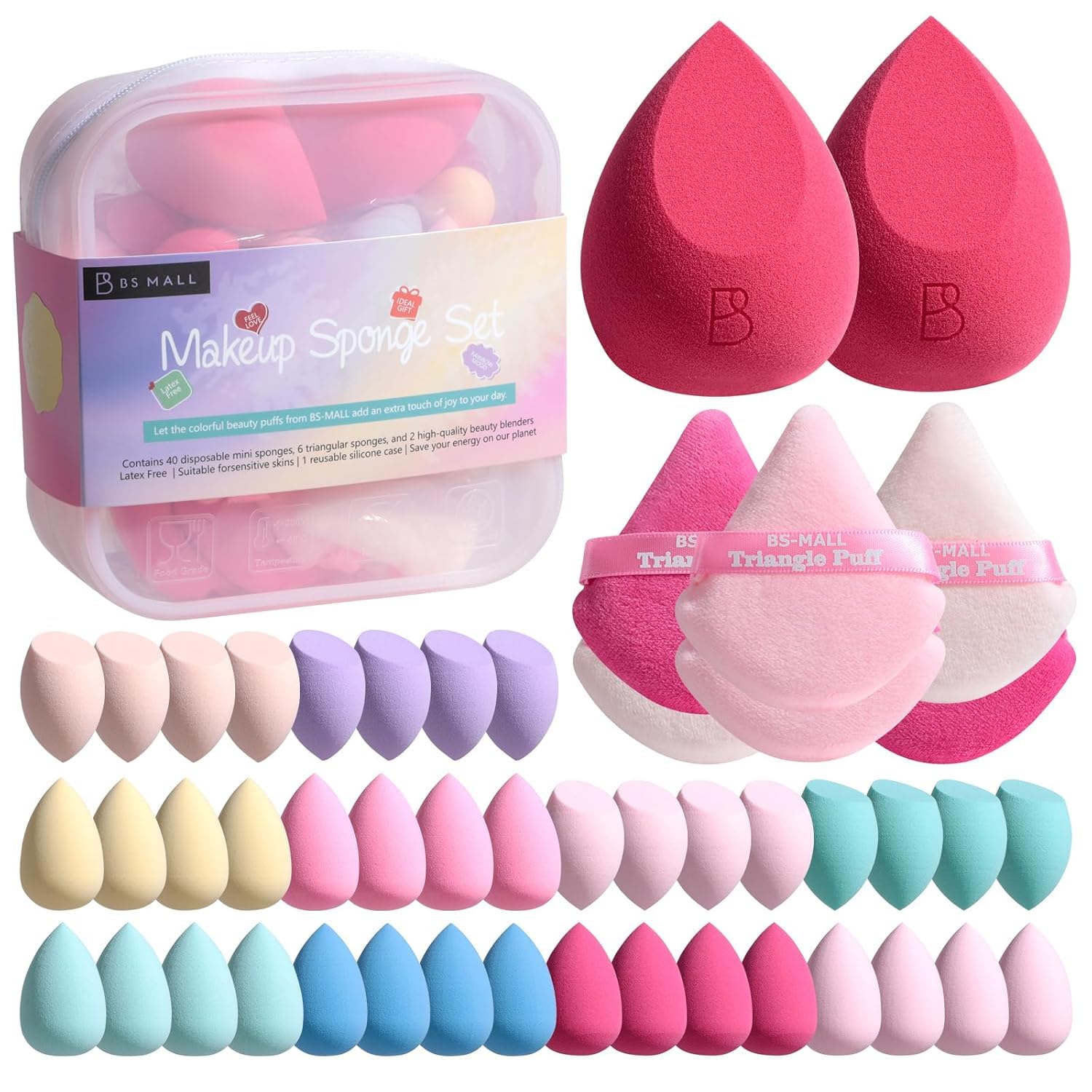 BS-MALL Professional Makeup Sponges Triangle Puff 49 Pcs- Pro V3.0 Cloud Technology Makeup Sponge Material Flawlessflow Mini Sponge Set & Triangle Puff With Waterproof Travel Silicone Bag Gift Set-GlimoraGlow
