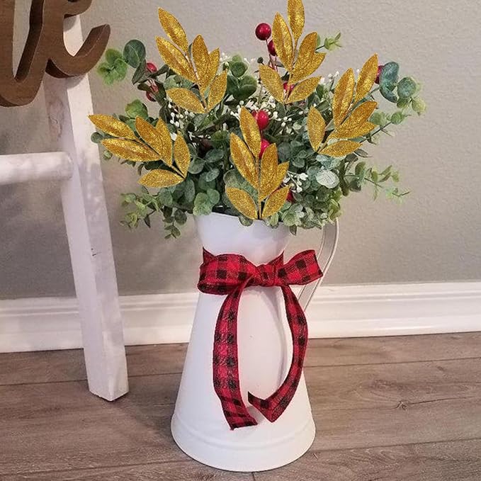 GREENTIME 12 Pack Artificial Golden Glitter Leaves 13" Fake Christmas Picks Decorative Glitter Sticks for Vase Christmas Tree DIY Wreath Crafts Fireplace Decor