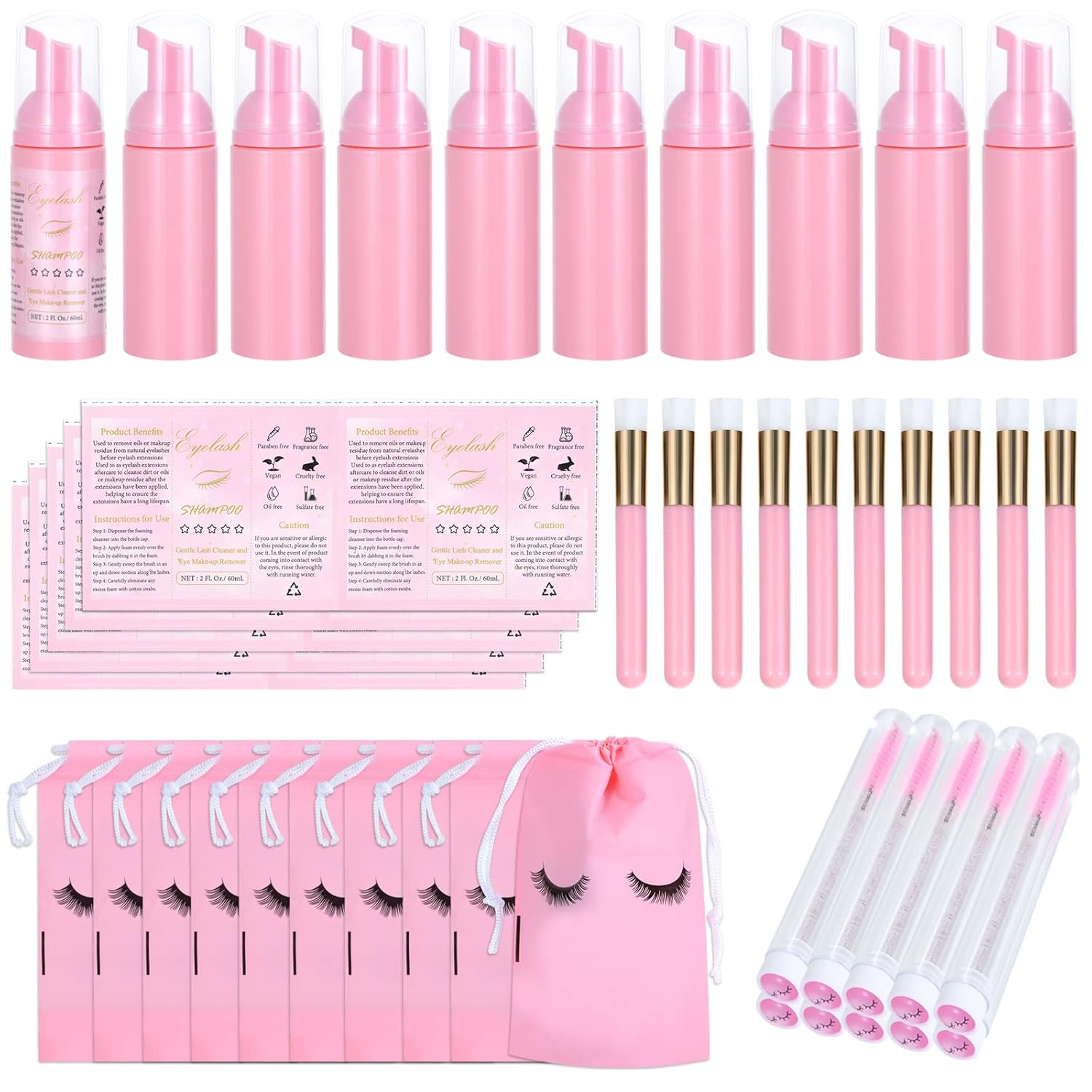 50 Pcs Lash Shampoo Bottle Brushes Set (Pink)-GlimoraGlow