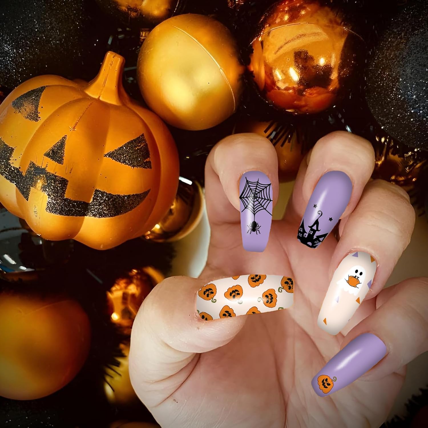 12 Sheets Halloween Nail Wraps Stickers, Nail Polish Strips DIY Self-Adhesive Full Glitter Nail Art Decals Pumpkin Bat Ghost Spider Skull Pattern with 2 Piece Nail Files for Party Decor (168 Pieces)-GlimoraGlow